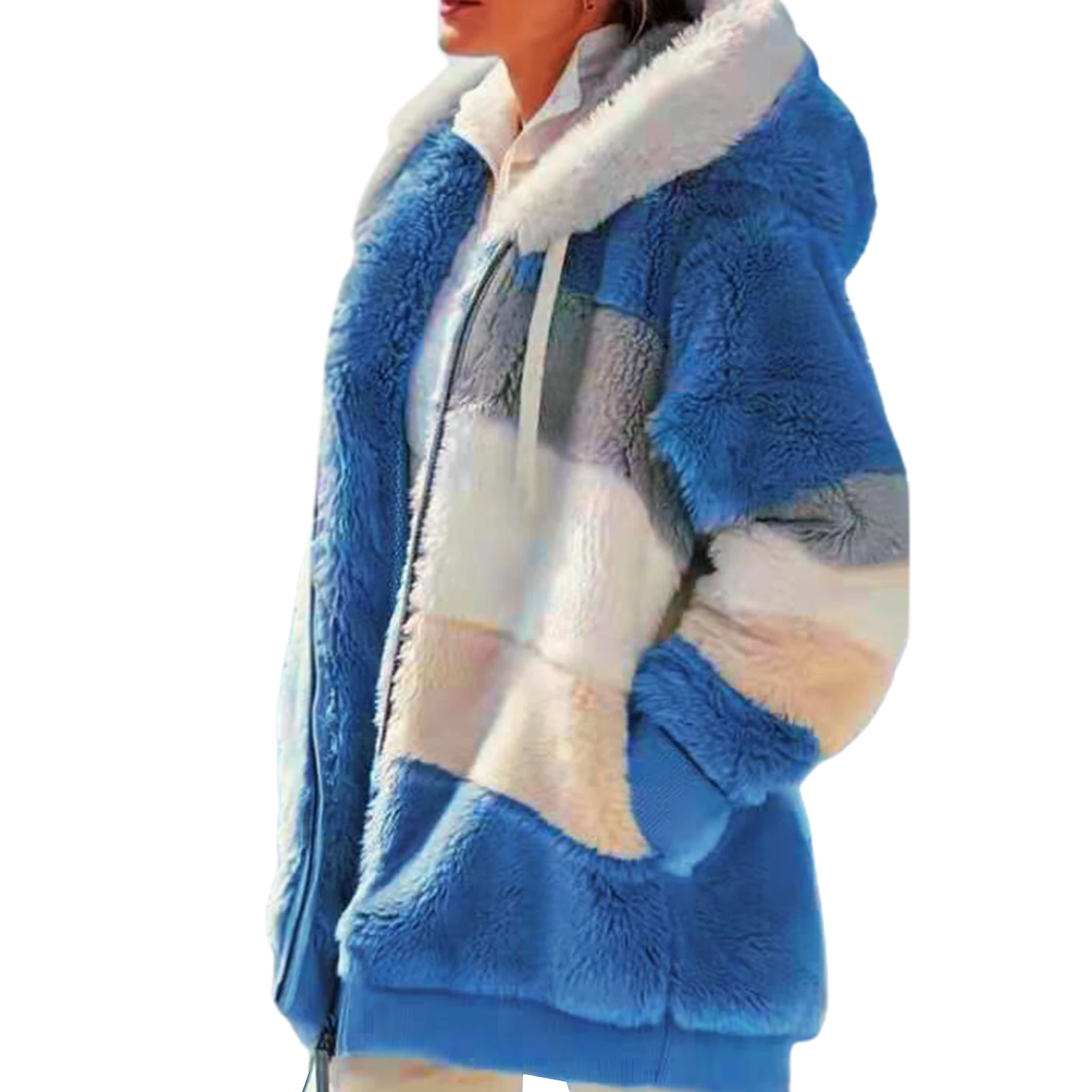

Basic Jacket 2023 Women Autumn Winter Long Sleeve Color Block Zipper Fluff Hooded Warm Coat Jacket Fur Casual Women Clothes