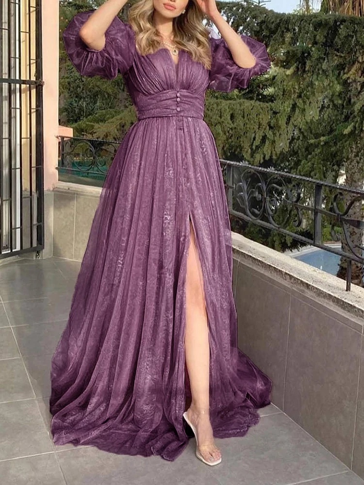 2021 novo estilo sexy renda roxa malha meia mangas vestidos de baile senhora elegante