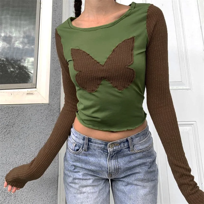 Футболка y2k женская в стиле Харадзюку пуловер контрастном с длинным рукавом