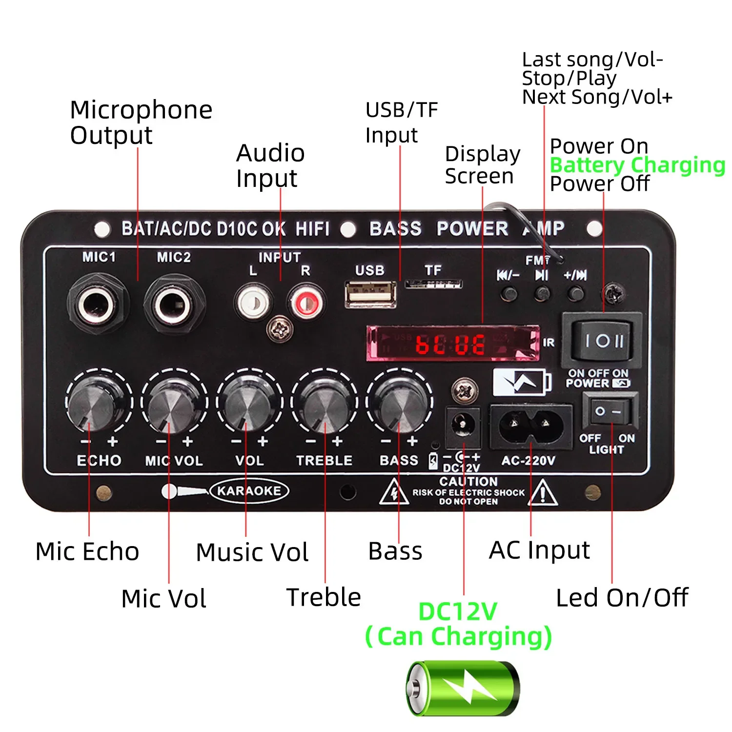 Плата усиления мощности Wookper D10C BT 5 0 двойной микрофон сабвуфер аккумуляторная