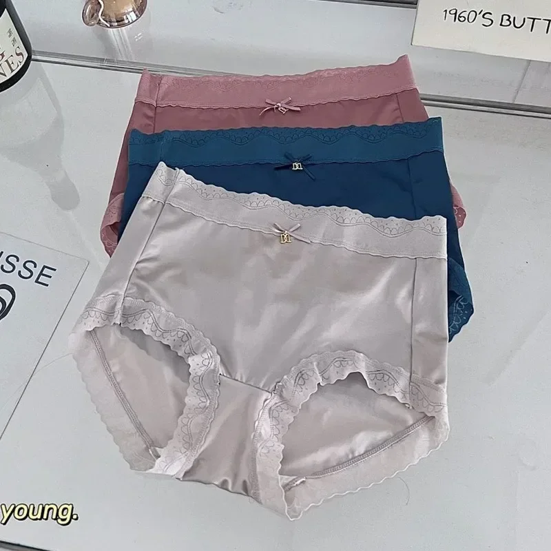

Seamless lace underwear ladies ice silk waist antibacterial sexy pure autumn breathable triangle plus size naked high elastic