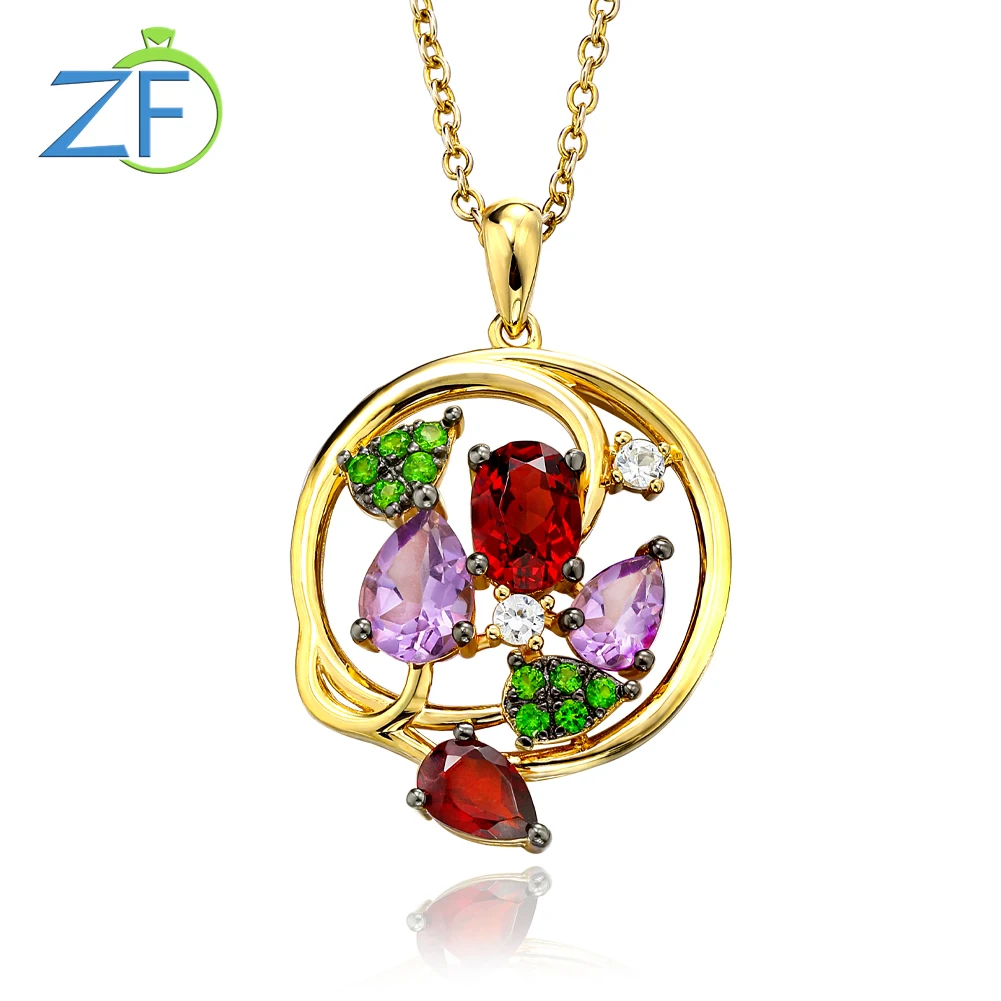 

GZ ZONGFA Pure 925 Sterling Silve Pendant Necklace for Women Natural Amethyst Garnet Colorful Gems 14K Gold Plated Fine Jewelry