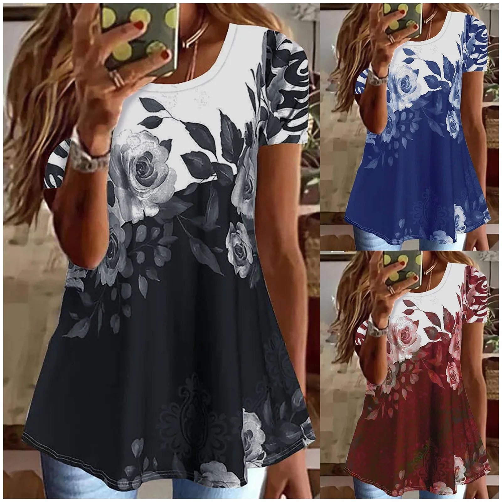 

Camiseta casual de verano para mujer con cuello redondo y de manga corta para combinar con leggings blusa Scoop Set Sleeve Top