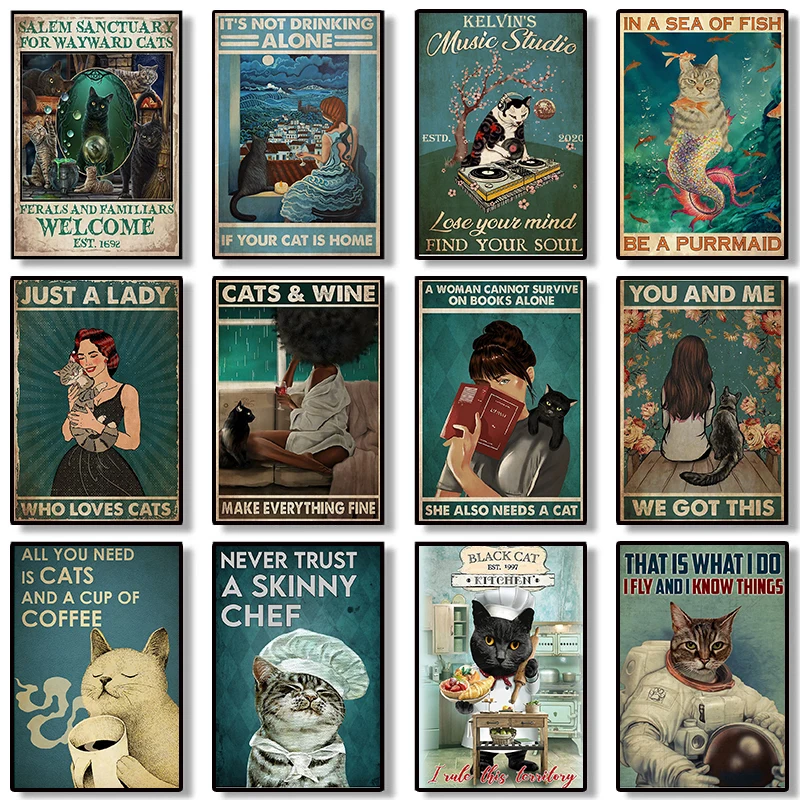 

Постер в скандинавском ретро-стиле с цитатами, Черный кот, Эстетическая Девушка, чтение ведьмы, кухня, украшение для дома, настенное искусст...