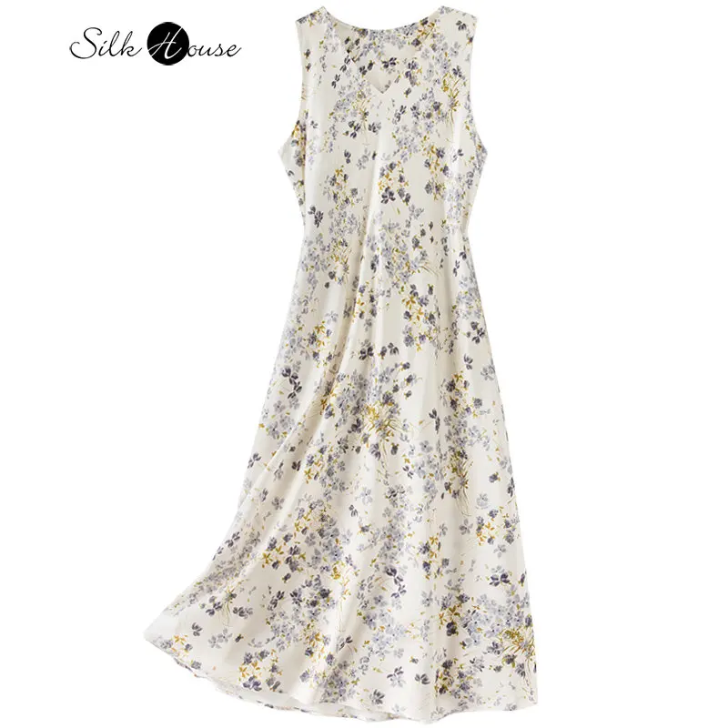 

Skew Cut Slim Silk Tank Top Skirt Women's Slim Fit V-Neck Mid Length Silk Sleeveless Fragmented Flower Dress