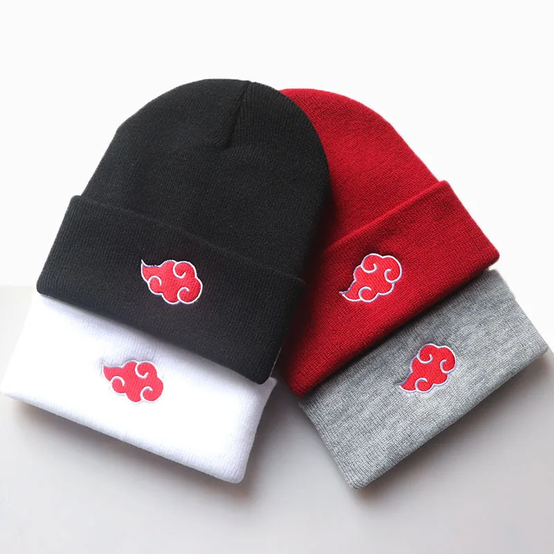 

2022 New Beanies Women Autumn Winter Warm Hat Anime Akatsuki Cosplay Red Cloud Embroidery Caps For Men Knitted Bonnet Unisex