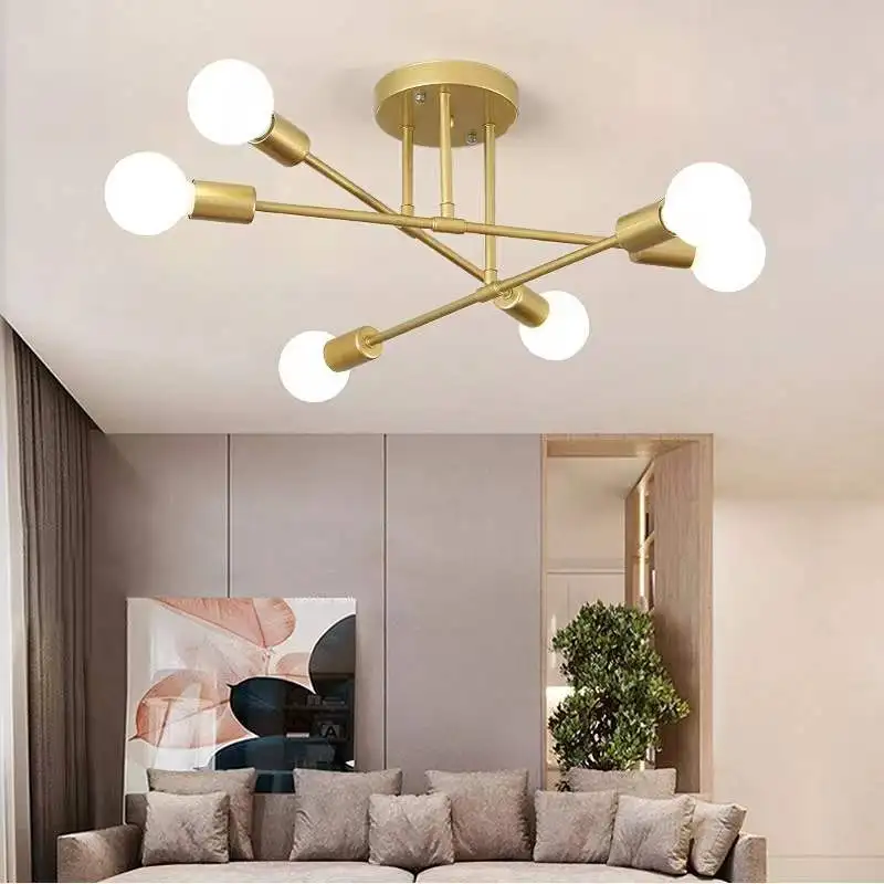 Modern Sputnik Ceiling Lights Fixture Nordic Semi Flush Mount Lamps Brushed Antique Gold Lighting 6-Light Home Decor