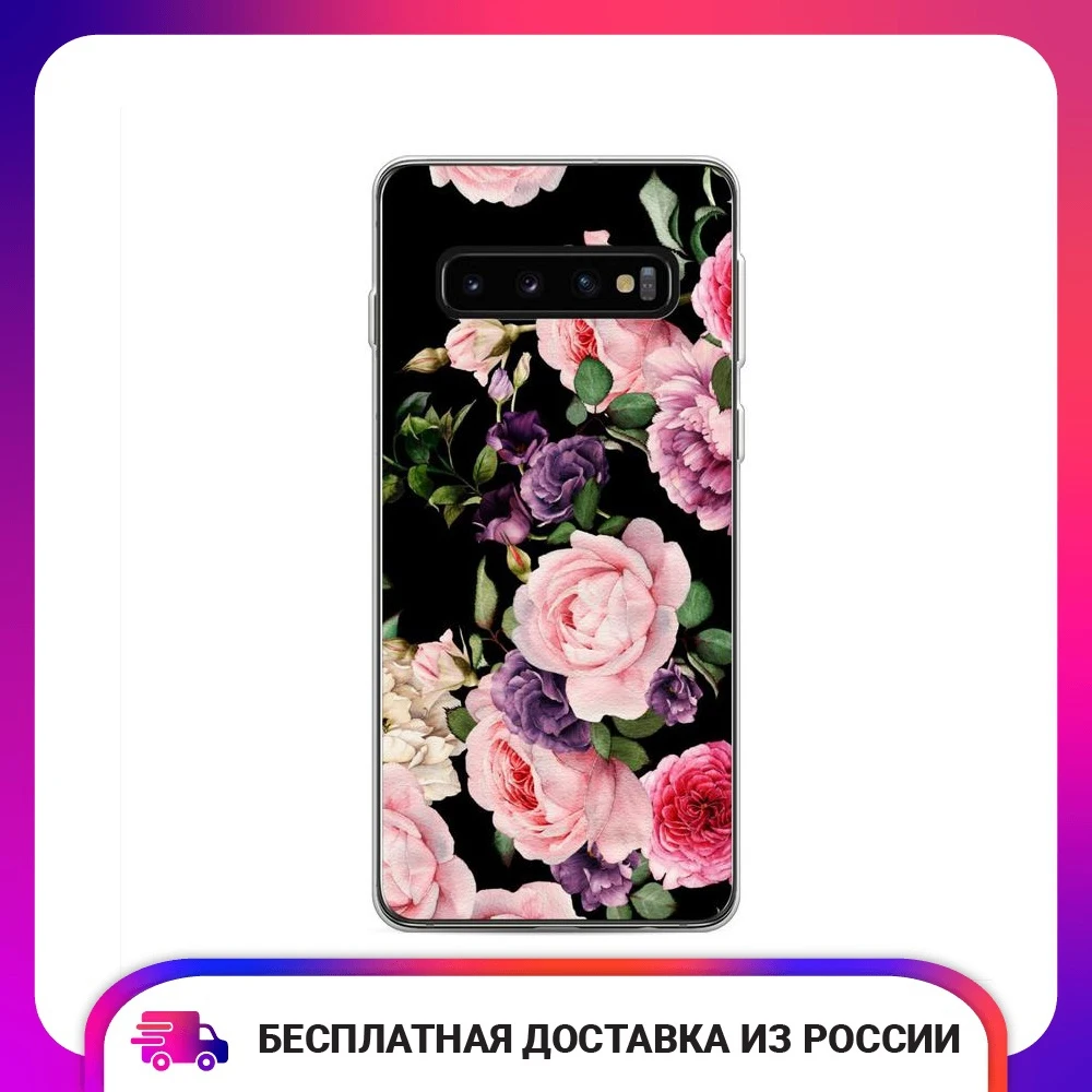 Чехол силиконовый для Samsung Galaxy S10 Plus Пионы на черном защитный тонкий мягкий