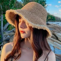 simple 100raffia tassels girl sun hat wide brim floppy summer hats for women beach panama straw dome bucket hat femme shade hat