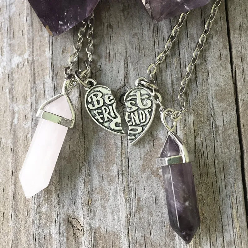 

2 Pack New Vintage Love Natural Stone Hexagon Pendant Crystal Best Friend Jewelry Necklace