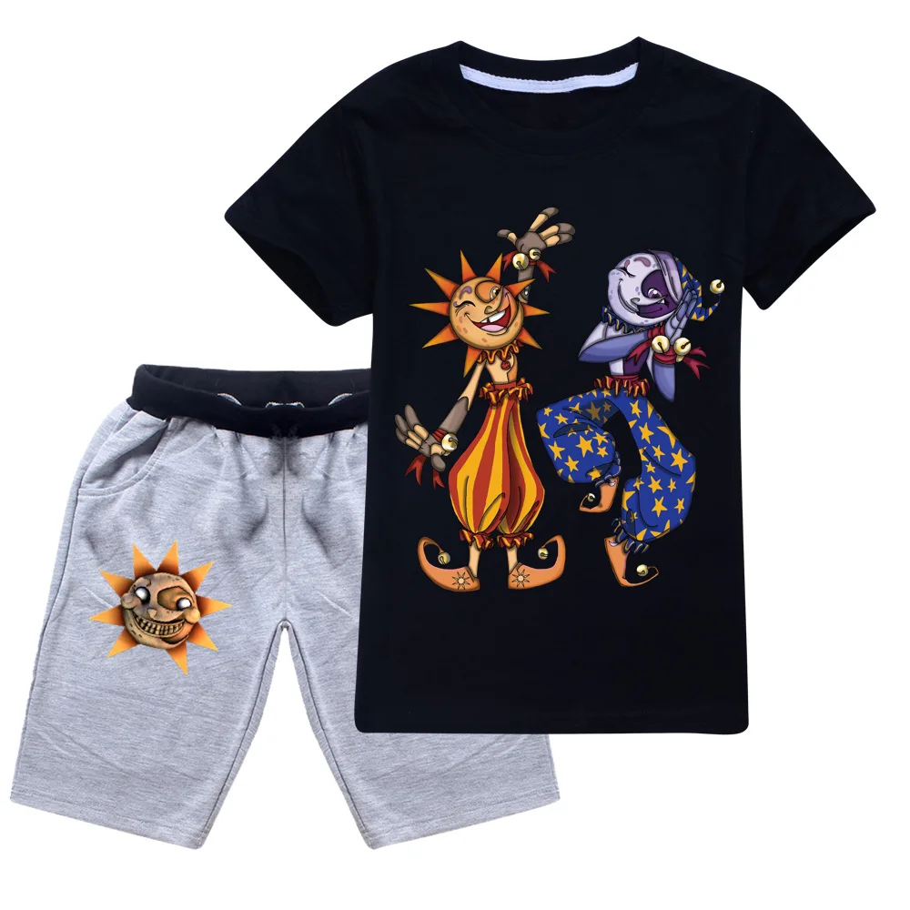 2022 Кежуал Детская спортивная одежда Sundrop FNAF Sun клоун Футболка + Шорты Наборы для мальчиков Костюмы на День рождения Хлопковая Детская одежда.