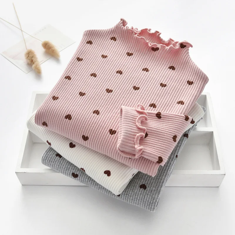 

2022 Fall New Girls Pullover Bottoming Shirt Long-Sleeved T-Shirt Children'S Polka Dot Love Cotton Tops High Quality