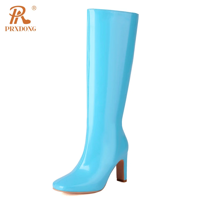 

Женские сапоги из лакированной кожи PRXDONG, зеленые или розовые сапоги до колена из лакированной кожи, с круглым носком, большие размеры 34-43, Осень-зима 2023