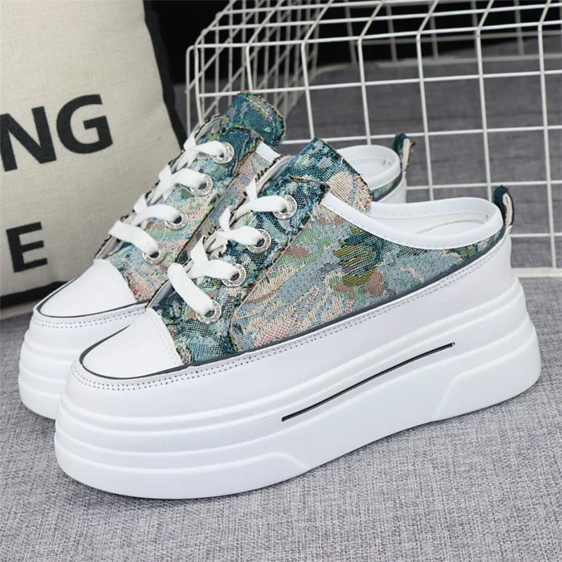 

Summer Cloth Breathable Half Slippers Women's Outer Wear Without Heel Inner Heightening 8cm Thick Bottom Slip on Lazy Sneakers