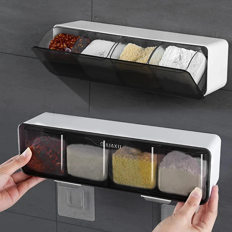 

Kitchen Wall Mount Spice Organizer Rack Salt and Pepper Shakers Spice Jars Seasoning Container with Spoons Spice Organizer Tool