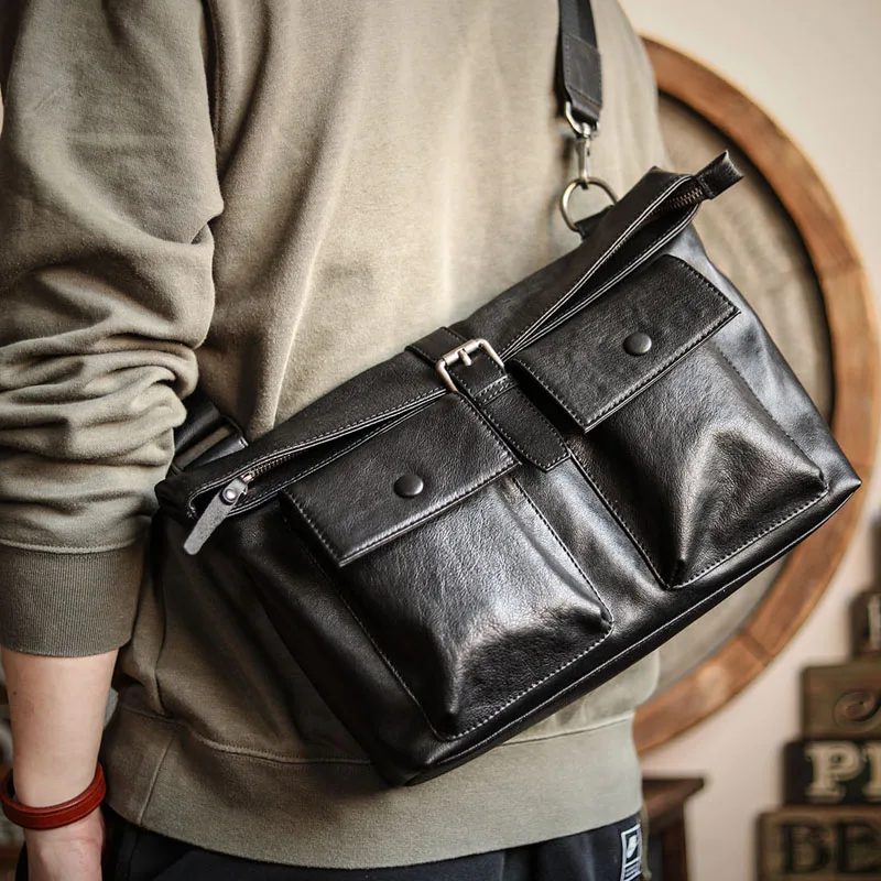 

AETOO Original design men's bag leather multi-pocket one-shoulder messenger bag first layer cowhide tide brand casual large-ca