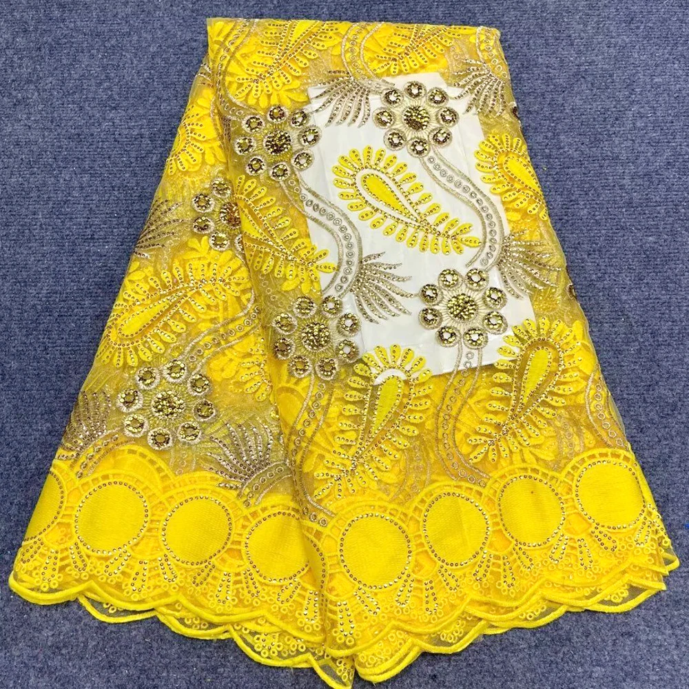 

African Lace Fabric Withe Sequins Embroidered Nigerian Lace Fabric Bridal High Quality French Tulle Lace Fabric Yellow 5 Yards