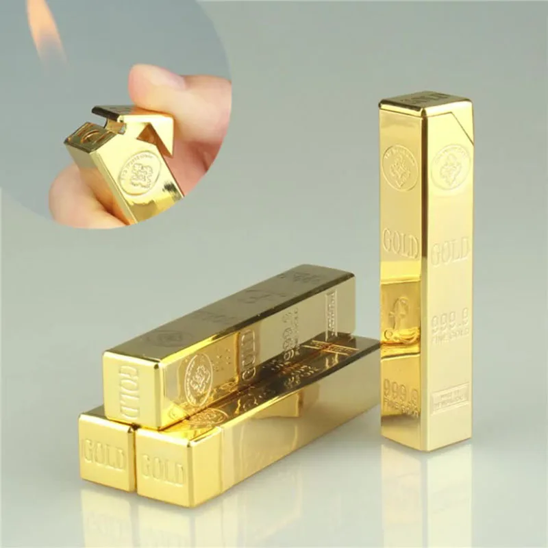 

Wholesale Open Flame Gold Bar Butane Gas Creative Cigarette Lighter Rectangular Gold Bricks Metal Custom Logo Lighter