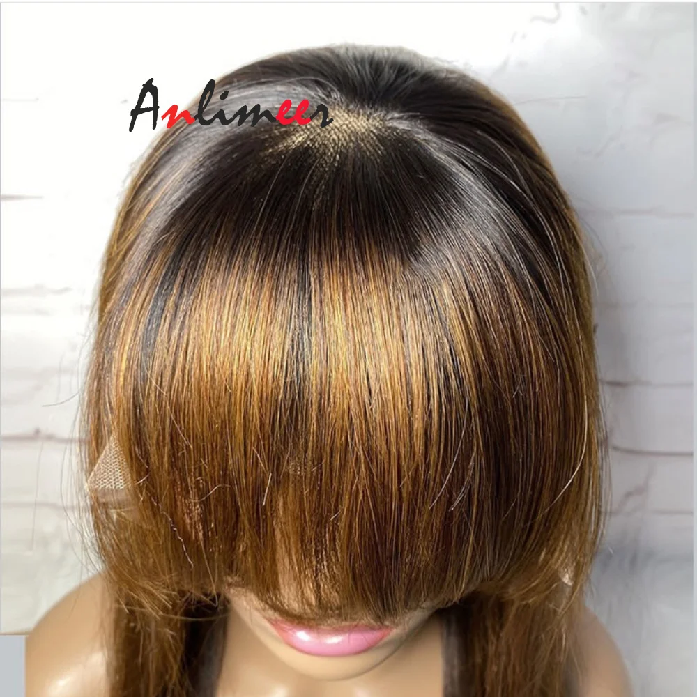 

Ombre Honey Bonde Wig Highlight Wig With Bangs Human Hair for Women Silk Base Wig Silk Straight Brazilian Human Hair Wig