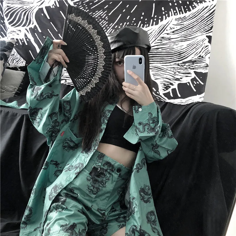 

2021 New Women Chinese Dragon Style Shirts Short Pants Set Loose Shirts Women Casual Shorts Clothes Sets Female 2 Piece Set
