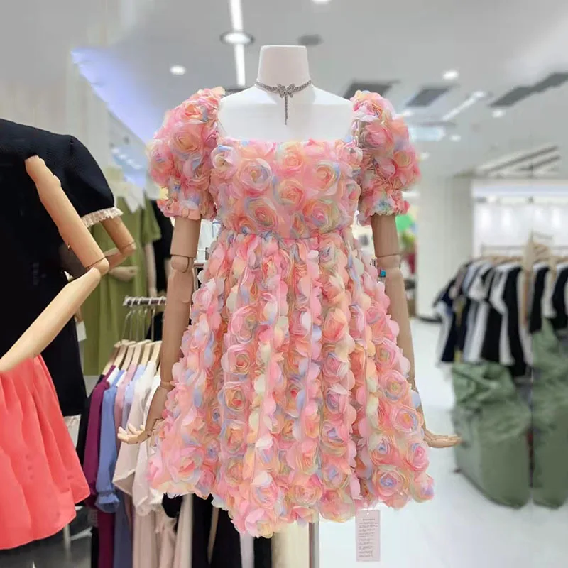 

SeeBeautiful Three-dimensional Flower Gauze Stitching Loose Mini Dress Square Collar Short Sleeve Summer 2022 New Fashion Q273