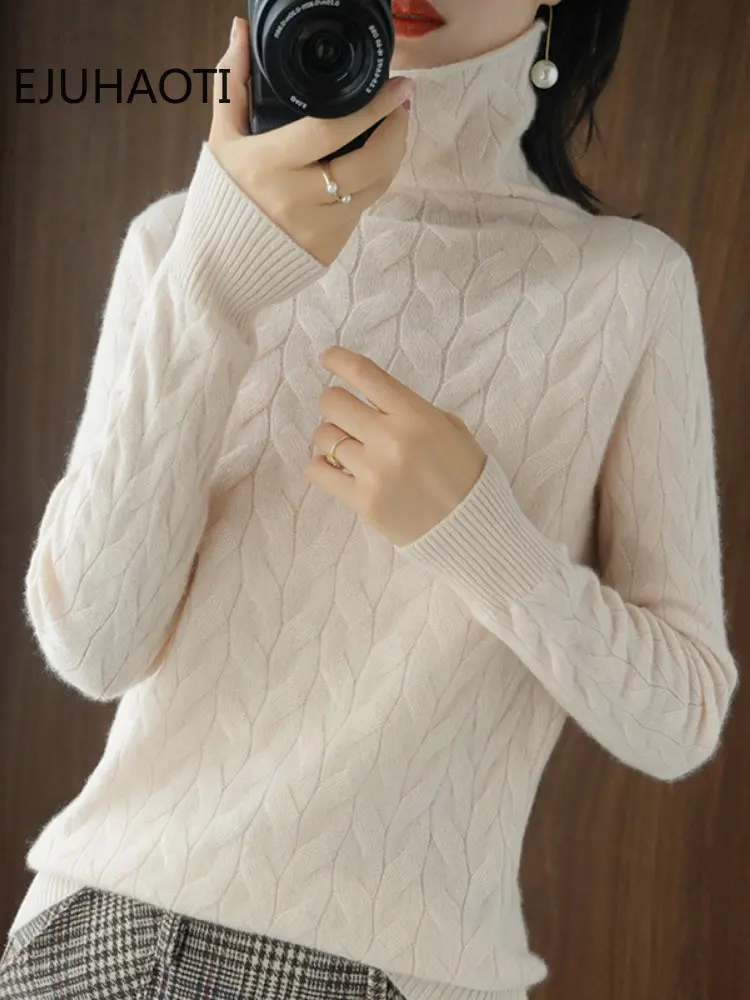 

Wool Blended Pullovers 2023 New Women's Wear Loose Stacked Neck Underlay Knit Sweater Korean Fashion Jumpers Free Shipping