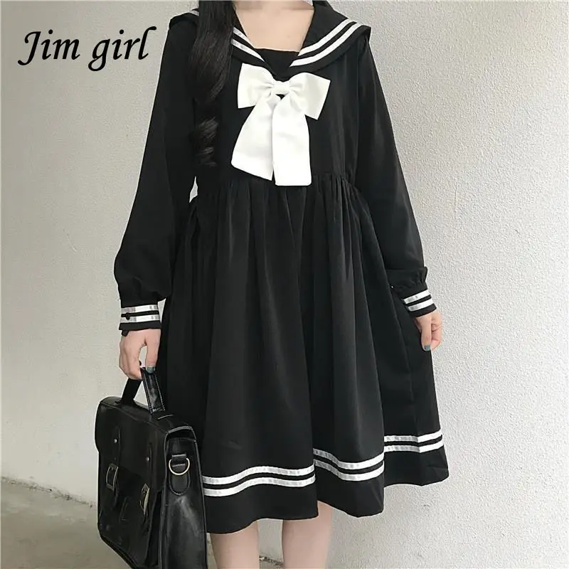 

Vintage Gothic Lolita Dress Women Japanese Sweet Bow Kawaii Long Sleeve Dresses Summer Preppy Style Sailor Collar Party Vestidos