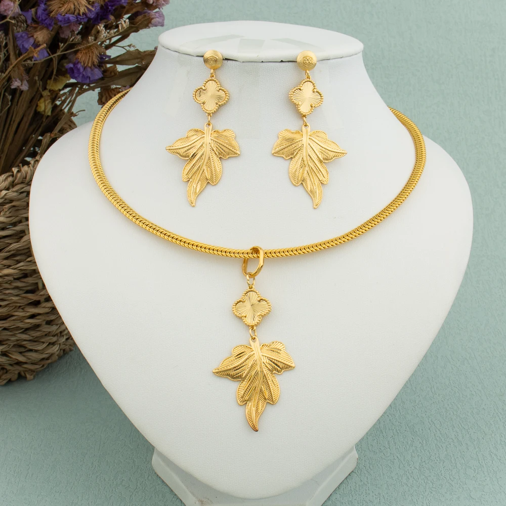 

Bohemian Jewelry Set for Women Lady Golden Leaves Pendant Dubai Gold Plated Necklace Drop Earrings for Bride Wedding Party Gift