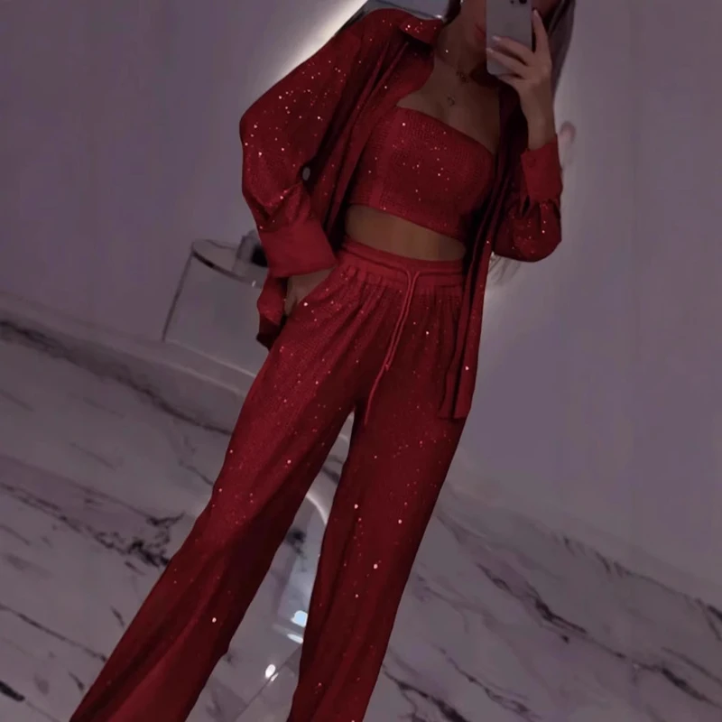 Фото Casual Lapel Shirt Commuting Suit Elegant Club Party Multi-color Outfit Fashion Sequin Long Sleeved Women 3 Piece Set For Spring №1