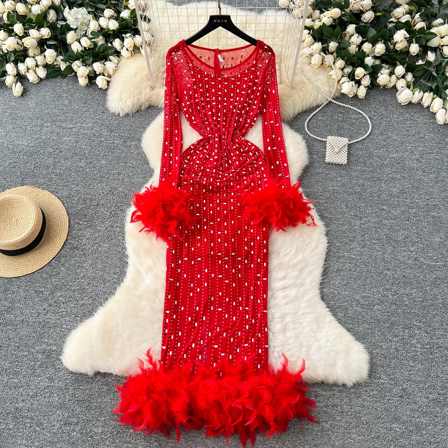 Женское винтажное платье с длинными рукавами и круглым вырезом