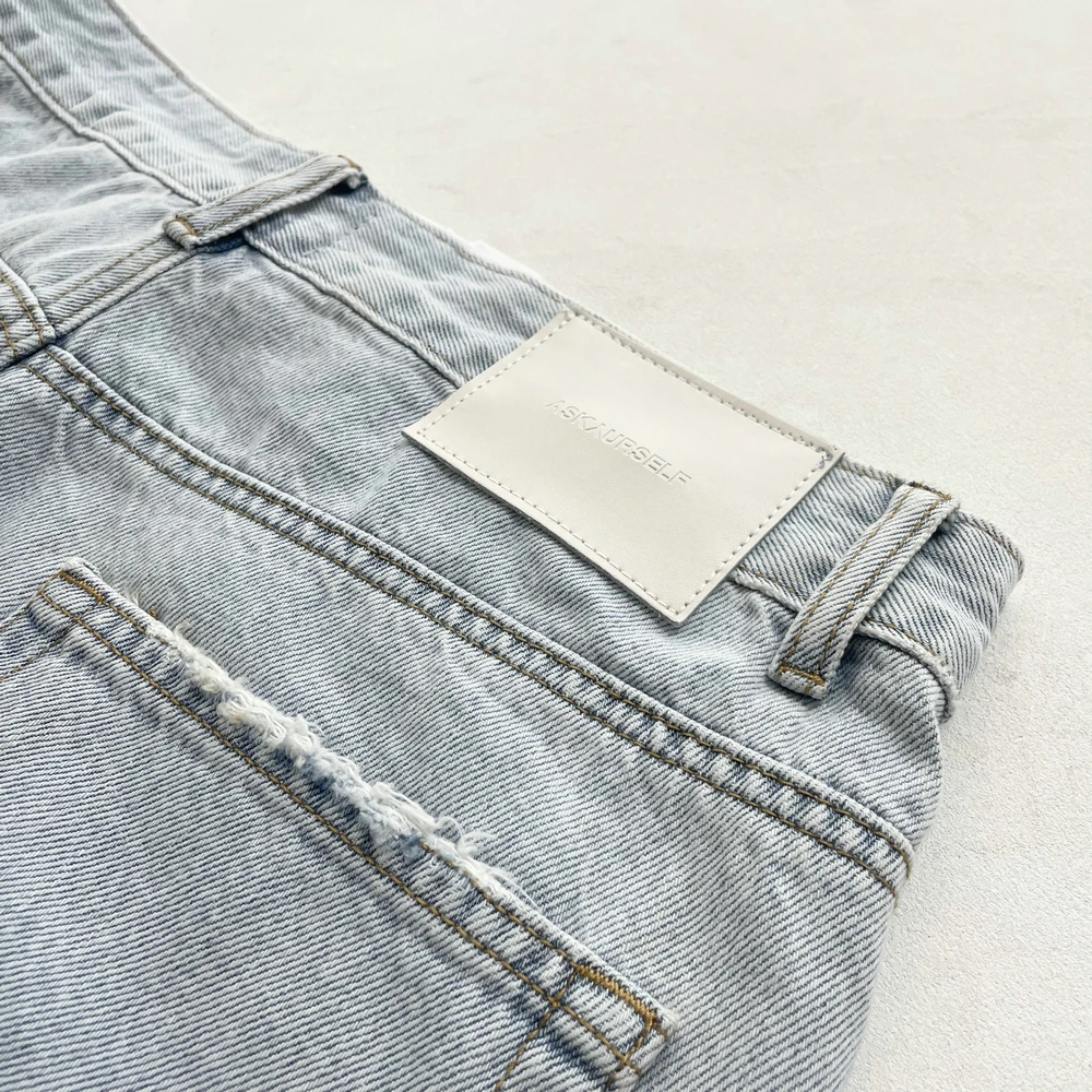 Askyruself new spring and fall men and women high street patchwork splicing washed and frayed destruction blue loose jeans