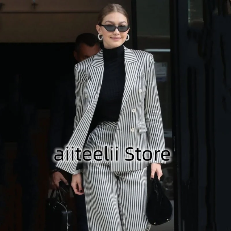 Women's Suit Fashion Stripe Two-piece Casual Single Double Breasted Slim Business Lapel Top and Floor Flared Pants 2023
