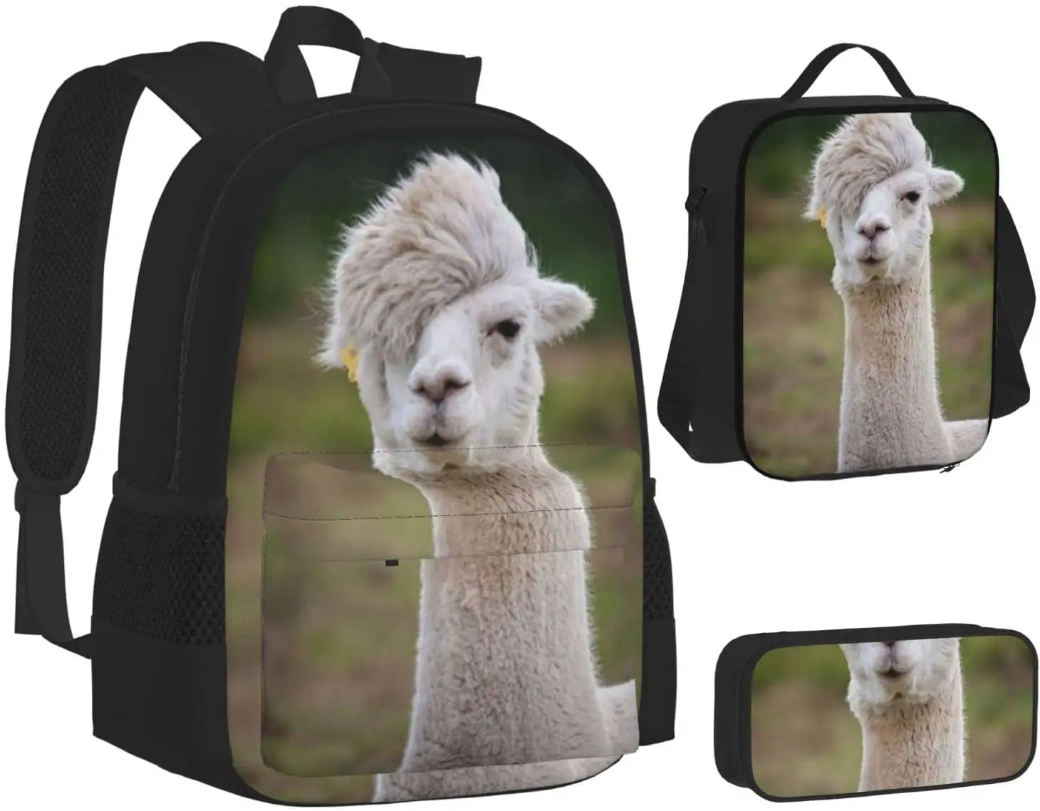 Kids School Backpack Vicuna Schoolbag Travel Bag Casual Daypack Lunch Bag Pencil Case for Boys Teens Girls 3pcs Sets