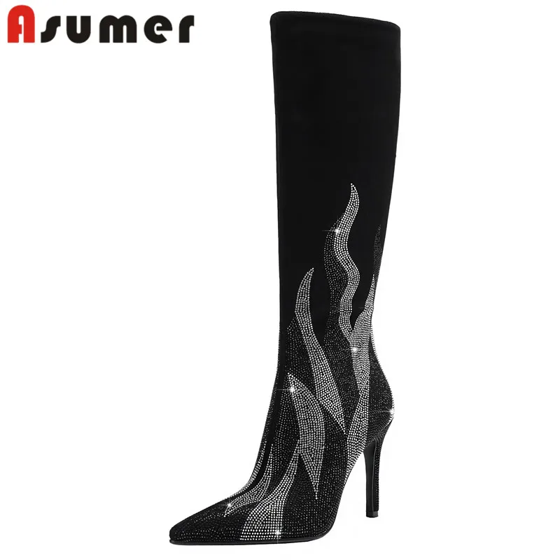 

ASUMER 2023 Size 36-46 New Bling Microfiber Zipper Women's Boots Ladies Pointed Toe Knee High Boots Thin High Heels Autumn Boots