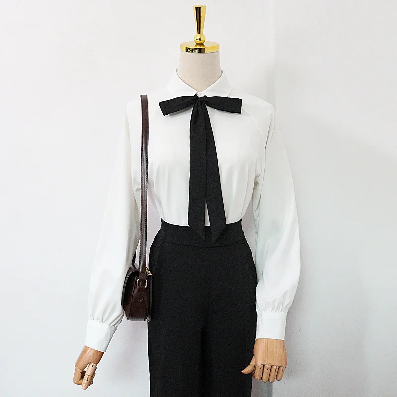 

Office Lady Bow Blouse Women Spring Autumn Long Sleeve White Shirt Chiffon Tops Casual Korean OL Style Loose Blouses Women