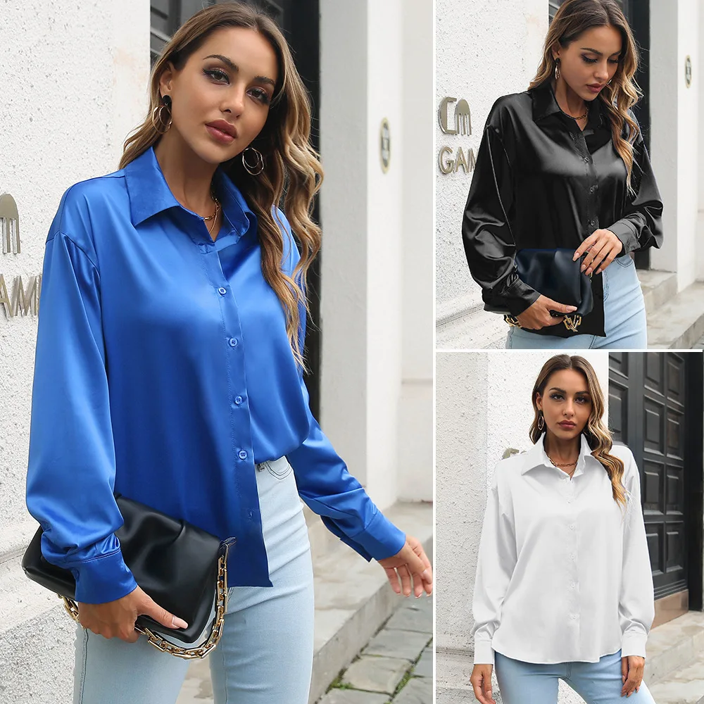 

2023 Spring New High Grade Satin Women Shirt Casual Loose Long Sleeve Medium Length Female Shirts