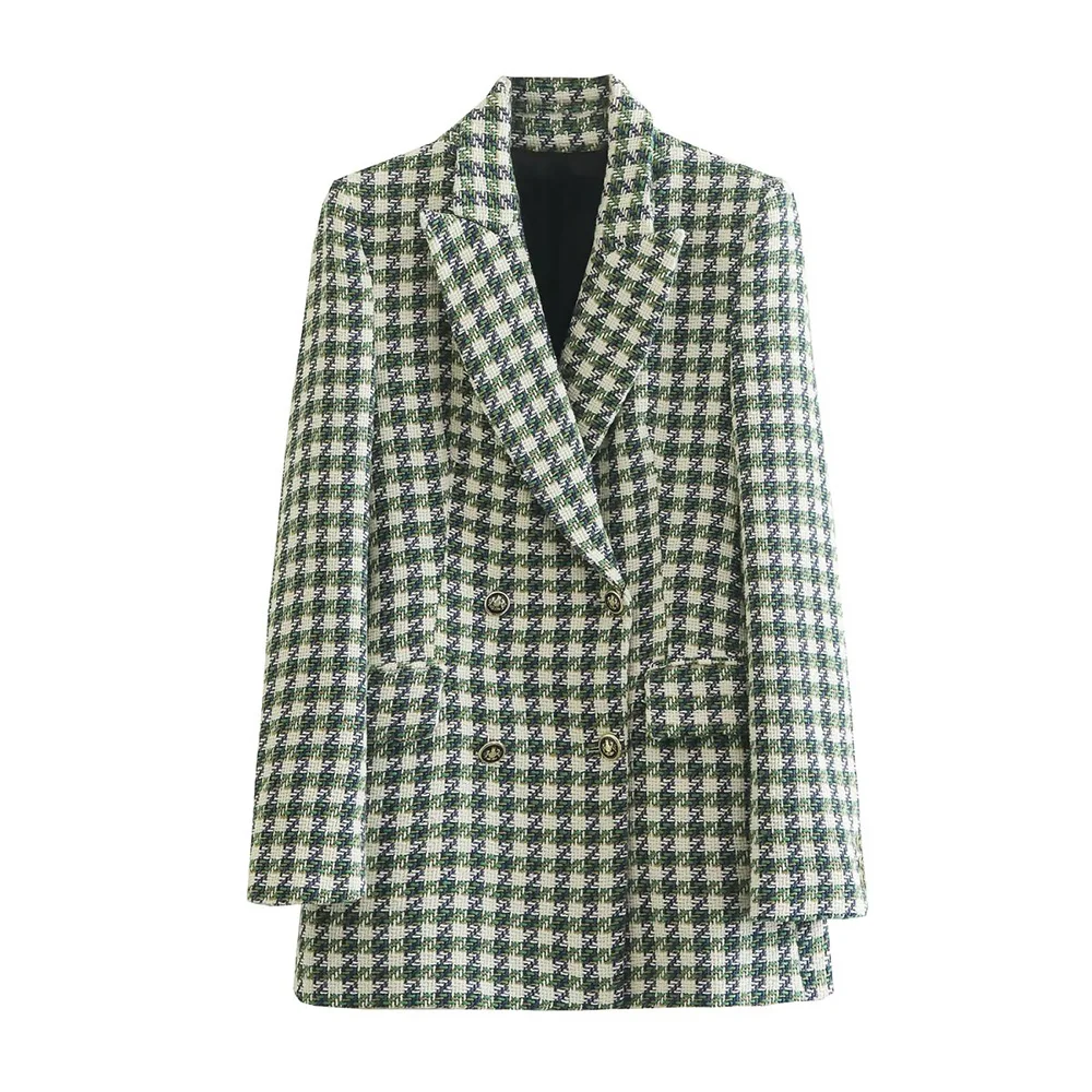 

PB&ZA WOMAN 2022 Spring Fashion Textured Double Breasted Blazer Vintage Office Lady Long Sleeve Jacket Ladies Chic Top Mujer