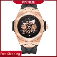 pintime men skeleton watch top brand luxury fashion quartz watches for men silicone strap luminous wristwatch with date