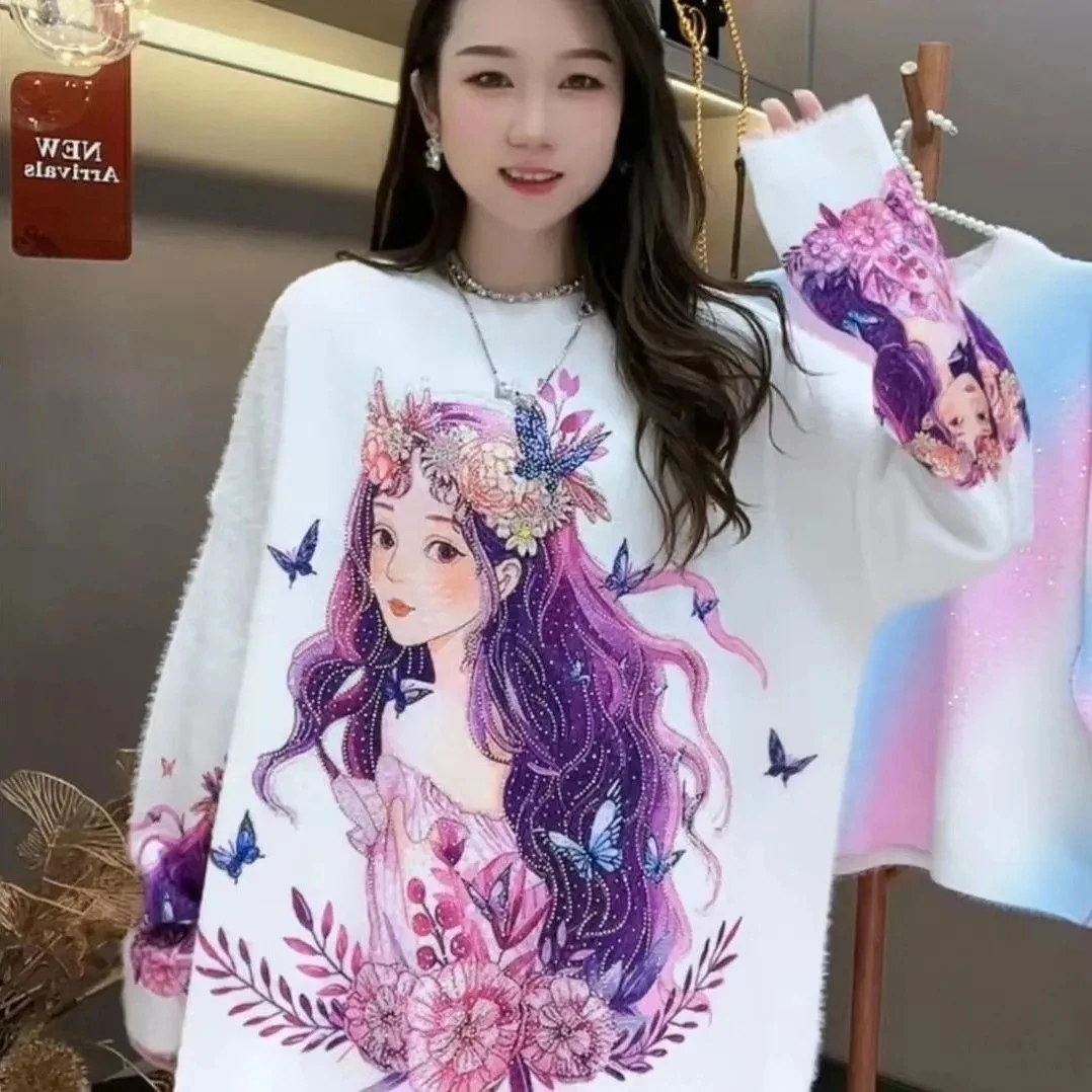 Осень 2024 новинка красивая девушка популярный трикотаж со стразами и принтом