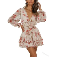 fashion female summer v neck high waist corset vacation dress streetwear women elegant floral print ruffle dress