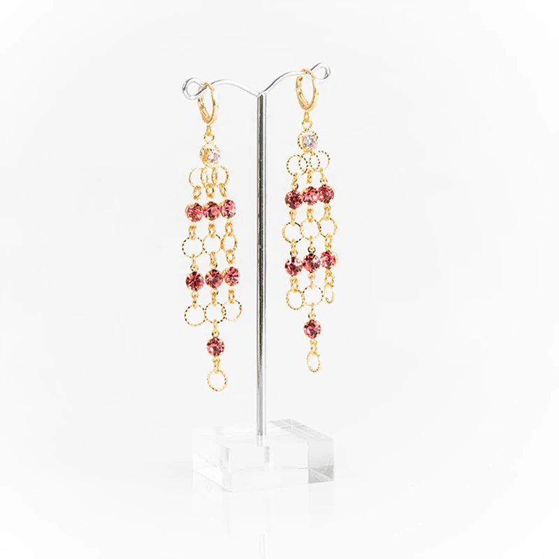 Женские серьги с круглым кулоном цветным камнем и покрытием 24-каратным золотом