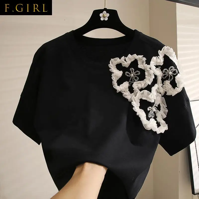 

F GIRLS Korean Style Cotton Tshirts Women Contrast Color Flower Pattern O Neck Casual T Shirts Loose Short Sleeve Graphic Tees