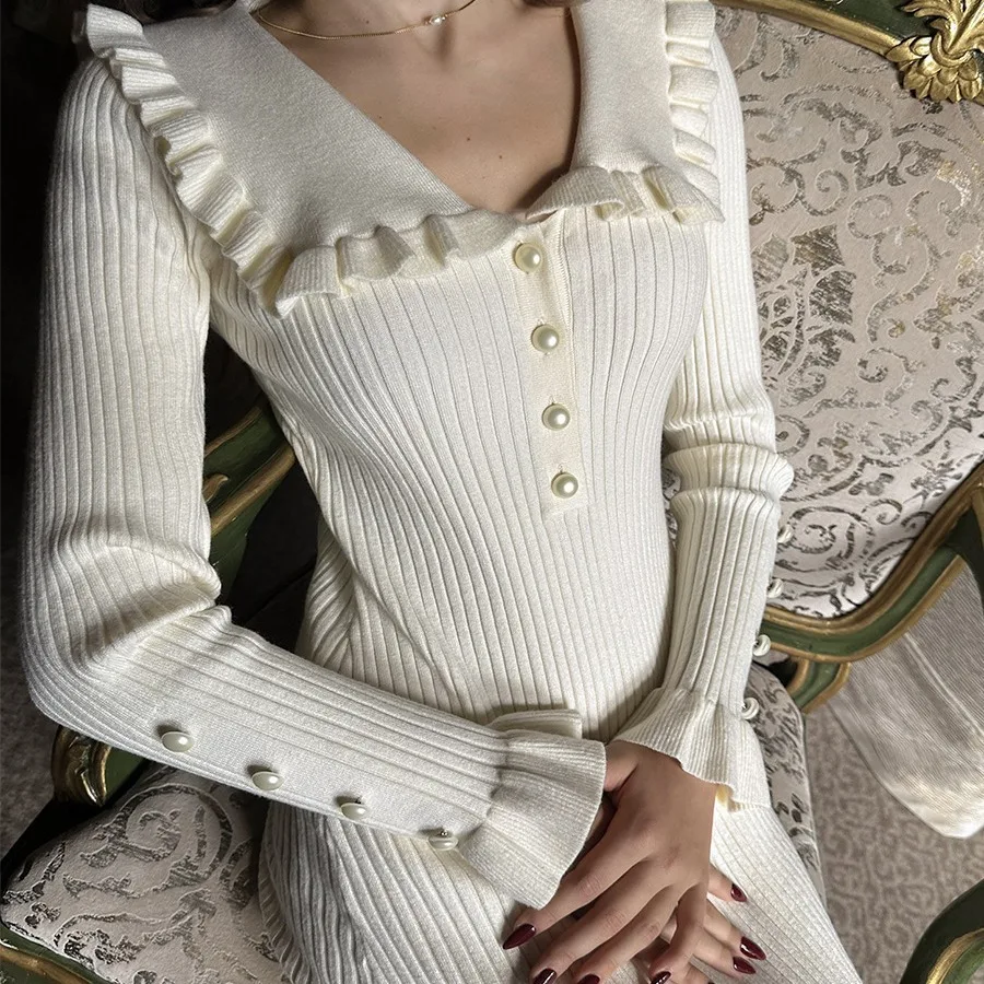 Платье-Макси женское трикотажное с оборками и длинным рукавом