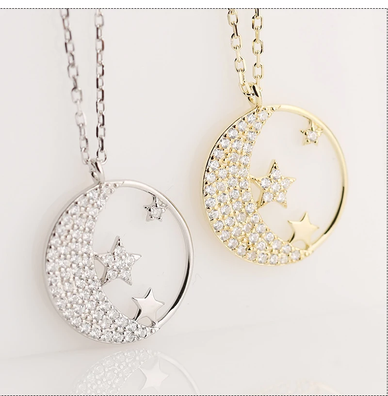 

S925 Sterling Silver Star Moon Necklace For Women In Europe And America, Simple And Versatile,inlaid With Diamond Clavicle Chain