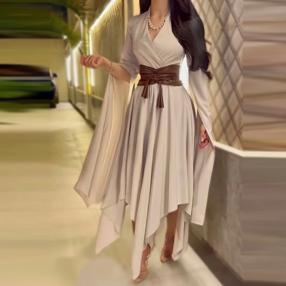 

Carolina V-Neck Evening Dresses Women Saudi Arabia Satin Long Sleeves Chiffon Vintage Wedding Guest Elegant Formal Party Gowns