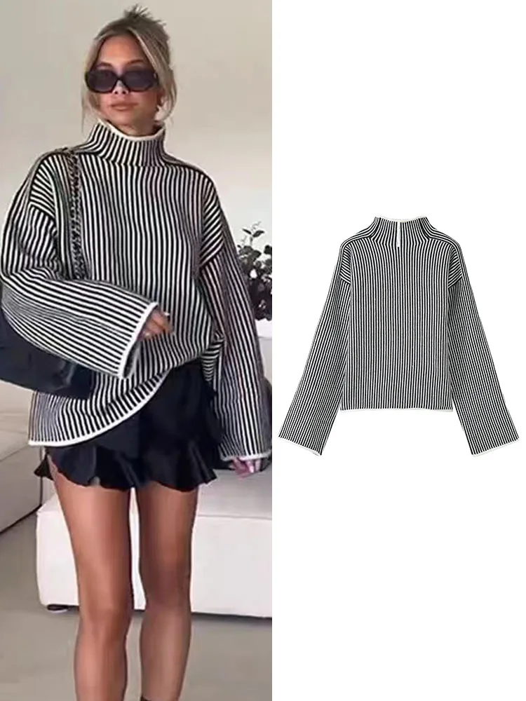 

TRAF Black White Fine Striped Sweater For Women Long Sleeve Turtleneck Oversize Pullovers Knit Top 2023 Autumn Winter New