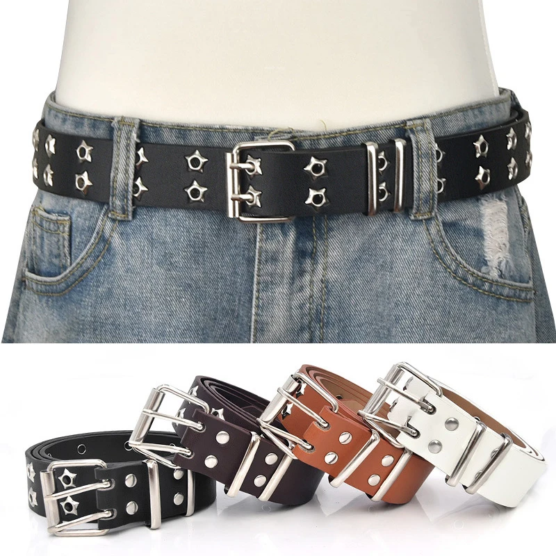 Fashion Alloy women Belts Star Eye Rivet Belt Punk Goth Double Pin Buckle Jeans Belt Decorative Ladies Leather Waistband