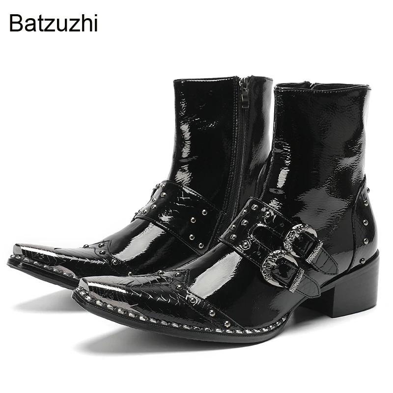 's Boots Fashion Iron Toe Black Leather Ankle Boots Buckles 