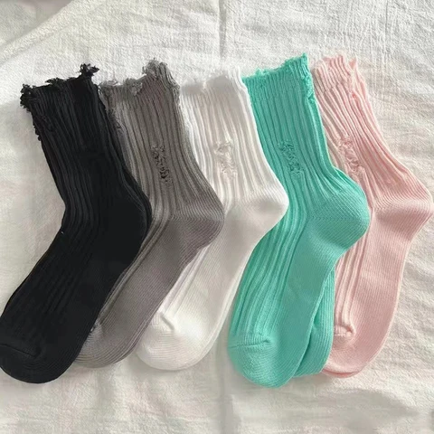 Ripped Socks Gothic Raw Hem Ribbed Female Broken Destroyed Socks Street Distressed Knit Footwear Beggar Socks