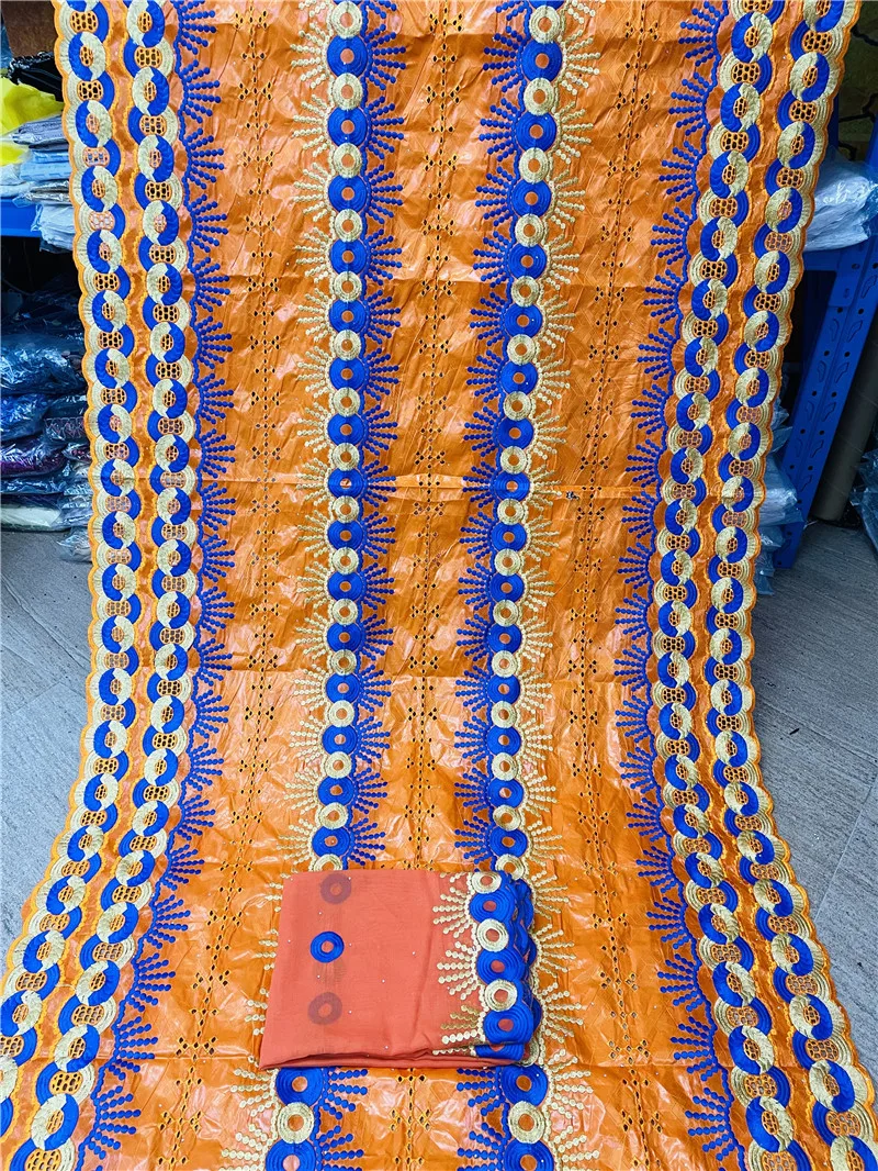 

5Yards Orange Bazin Riche Fabric With 2Y African Cotton Embroidery Swiss Voile Scarf Lace Material Basin Brode Cloth Tissu NBV39